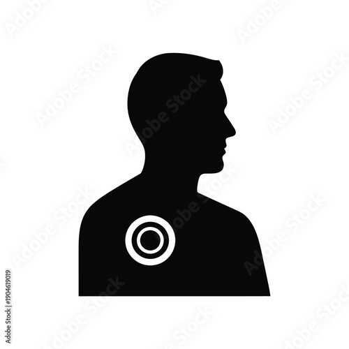 Vector illustration icon black silhouette of a mans head and shoulders with a white target symbol on his chest