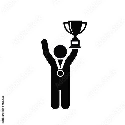 Vector illustration icon a person holding a trophy and celebrating victory with one arm raised in triumph