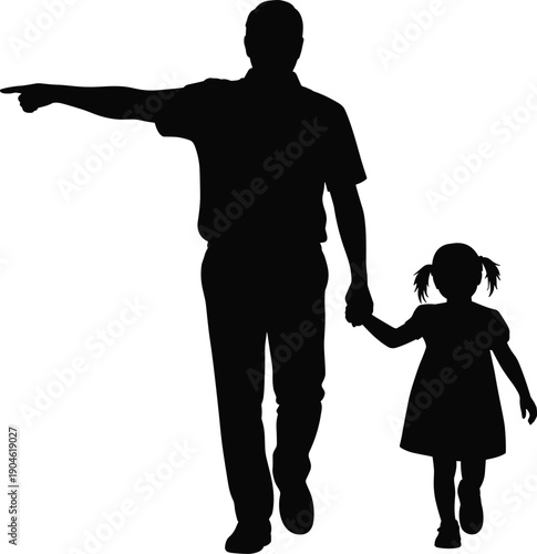 Silhouette of a man and a little girl walking and holding hands