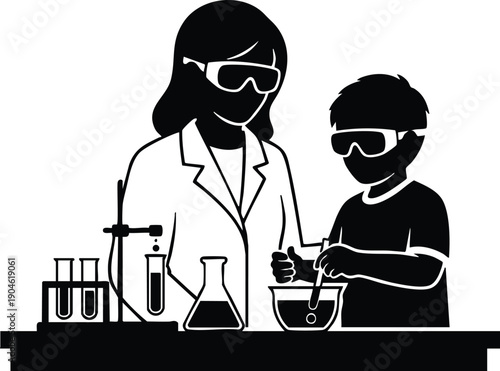 Silhouette vector of woman scientist and boy student wearing safety goggles mixing chemical solution at laboratory table with test tubes and flask in educational science experiment setting