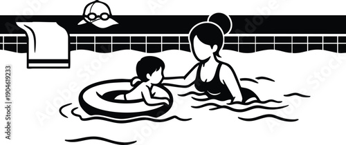 Minimalist vector pool scene close up mother guiding child in swim ring at tiled pool edge with towel and goggles low gentle instructional mood