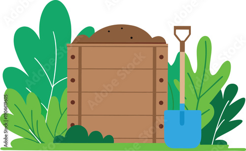 Garden compost bin with a shovel surrounded by vibrant green foliage for organic gardening