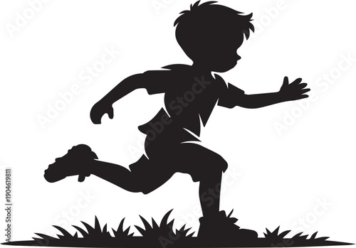 Young boy in motion, running with joy, isolated on white background, vector illustration for active kids and happy childhood
