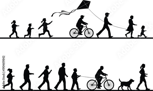 Silhouette of people walking running cycling and flying kite