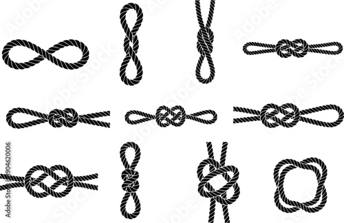 Black and white rope knot collection showing nautical, decorative, loop, and binding knots in clean vector illustration style