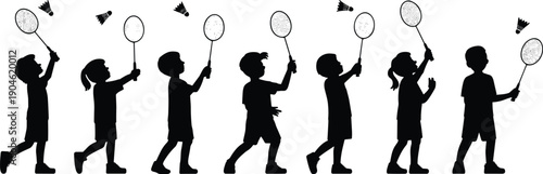 Silhouettes of children playing badminton with rackets and shuttlecocks black white