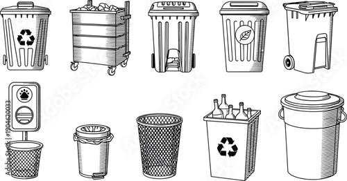 Black and white trash bin and recycling container collection featuring waste carts, garbage cans, recycling bins, and disposal icons vector set