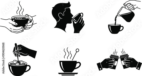 Coffee drinking and preparation icons illustration set showing hands cups pouring stirring enjoying hot beverage moments in black white vector style