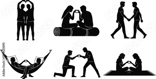 Couple love silhouettes set showing romantic gestures relationships heart shapes bonding moments in clean black white vector illustration style collection