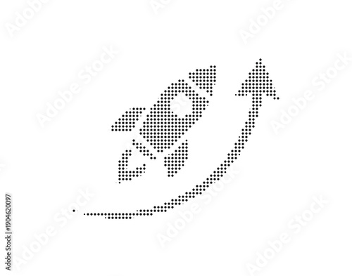 Rocket ship taking off with dotted lines forming an upward trajectory and arrow