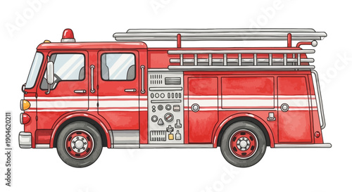 Watercolor Red Fire Truck Illustration Art