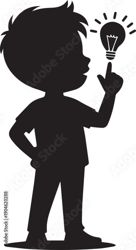 Stylized stick figure boy deep in thought, pondering a question with a lightbulb above his head
