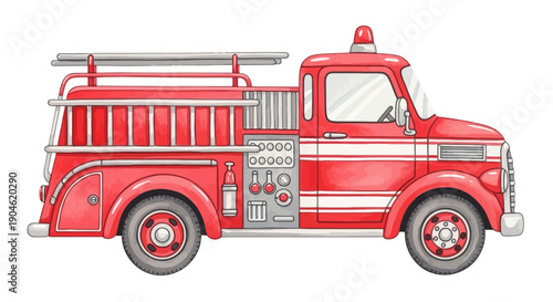 Watercolor Red Fire Truck Illustration Art