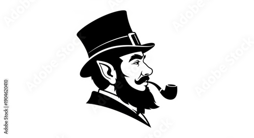 Man Smoking Pipe Wearing Top Hat Isolated on White Background
