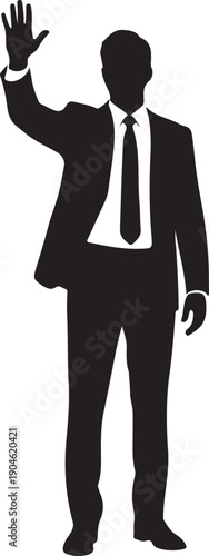 A professional businessman in a suit raises his hand, signaling a greeting or participation