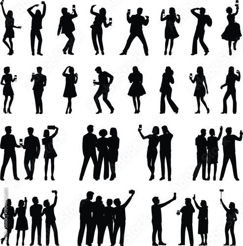 Silhouettes of people taking selfies and socializing black