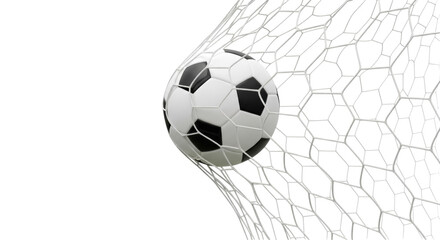 Soccer ball in net isolated PNG, black and white football in goal on transparent background, sports equipment for game