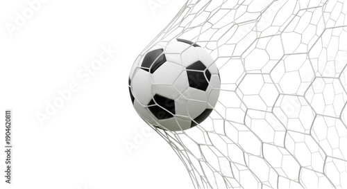 Photography Soccer ball in net isolated PNG, black and white football in goal on transparent