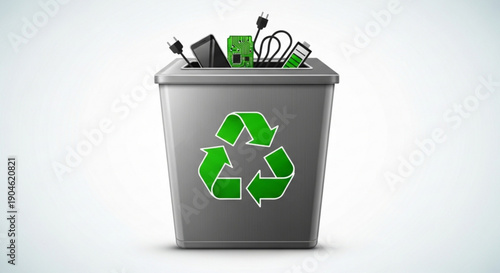 Recycling Bin with Electronic Waste and Green Recycling Symbol on Gray Background