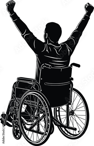 Silhouette of a disabled man in a wheelchair raising both arms in victory, symbolizing success, triumph, resilience, and personal achievement despite physical mobility challenges.