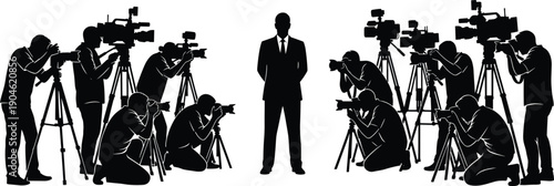 Silhouette of a businessman or politician standing before a large press corps of photographers and videographers with cameras, representing media attention, fame, and journalism.