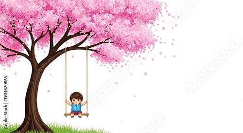 Little Girl Swinging on Cherry Blossom Tree in Spring Park