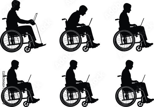 Silhouette of a disabled man in a wheelchair using a laptop, representing remote work, online education, and professional inclusivity for people with physical disabilities in technology.