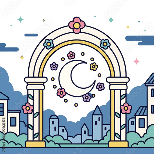A whimsical illustration of a moonlit archway adorned with colorful flowers, set against a backdrop of stylized buildings and a starry sky.
