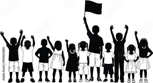 Silhouette group of diverse happy children standing together and cheering, with one boy holding a flag, representing youth leadership, international unity, and childhood community.