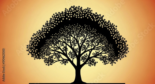 Silhouette Tree with Yellow Leaves against Orange Background