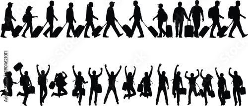Silhouette collection of diverse travelers walking with suitcases and backpacks, featuring people jumping and celebrating, ideal for global tourism, vacation transit, and airport departure themes.