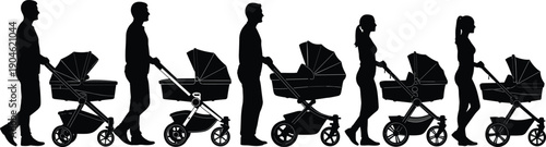  Silhouette collection of diverse parents walking with modern baby strollers, representing family lifestyle, newborn care, active parenting, and outdoor infant safety in urban environments.