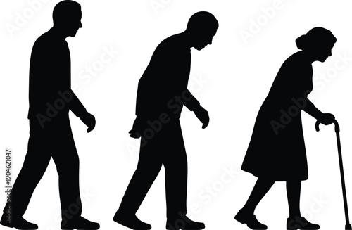 Silhouettes of three elderly people walking with varying postures