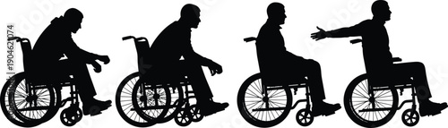 Silhouette collection of a man in a wheelchair showing different poses and emotions, from sadness and contemplation to reaching out for help and social connection.