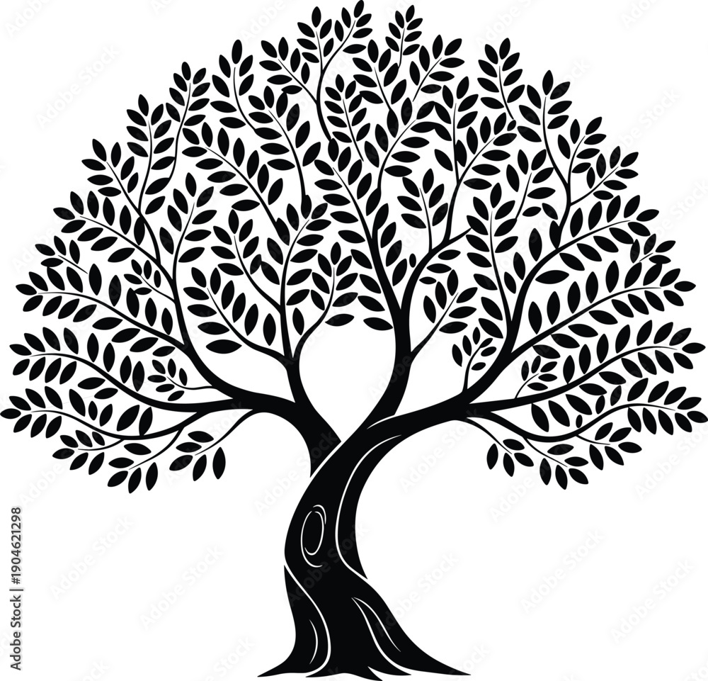 Obraz premium Detailed black silhouette of a large leafy tree with a curved trunk, perfect for nature conservation, environmental branding, garden landscaping, and life growth concepts.