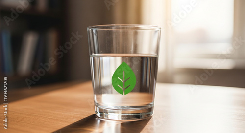 Glass of Water with Green Leaf Logo on Wooden Table near Window
