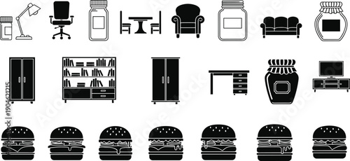 Large black icon set featuring home furniture silhouettes, kitchen jars, office desk lamps, and delicious burgers, perfect for interior design, cafe menus, and household branding.