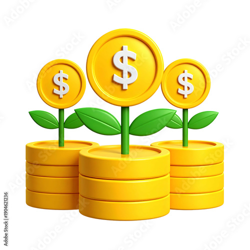 Rendered coins sprouting leaves and blossoms, symbolizing financial growth