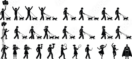 Large silhouette collection of diverse people walking cats on leashes, featuring musicians, athletes, and superheroes, symbolizing unique pet ownership, quirky lifestyles, and inclusive hobby eps