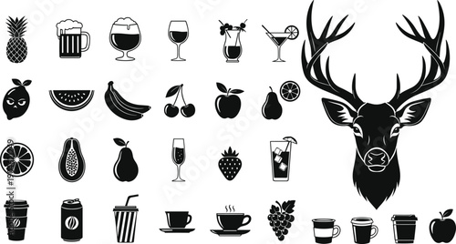Large black icon set featuring fresh fruit silhouettes, assorted alcoholic beverages, coffee cups, and a majestic deer head, perfect for menu design, logos, and restaurant branding.
