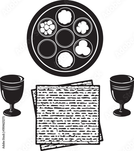Passover seder plate matzah wine cups vector illustration traditional jewish holiday items