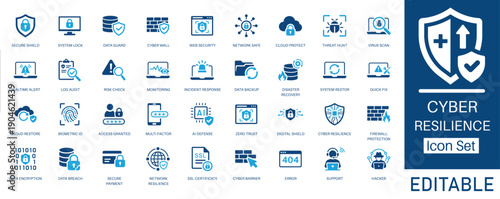 Cyber Resilience and Data Security solid icon set. Includes symbols for Zero Trust, AI Defense, Disaster Recovery, and Risk Assessment. Solid vector icons for cybersecurity services.