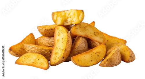 Obraz na plátně Golden potato wedges isolated PNG, seasoned and baked potato pieces on transpare