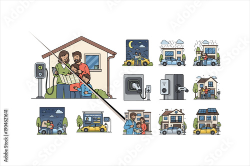 Collection of electric vehicle charging illustrations with family and house in various scenarios