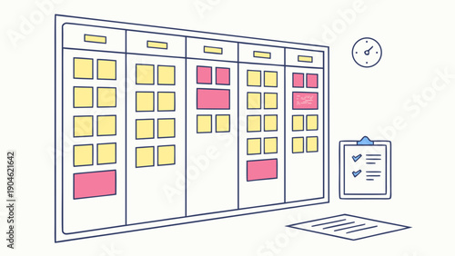 A minimalist vector graphic illustrating a Kanban board with sticky notes and a checklist