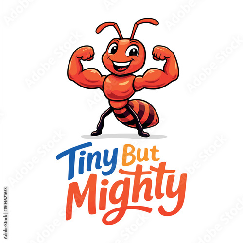 Strong Ant Mascot Flexing Muscles — Tiny But Mighty Motivation Cartoon Vector Illustration