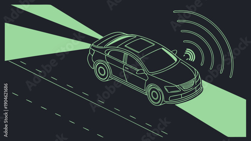 A vector graphic illustration of a car with green headlights and radar on a dark road