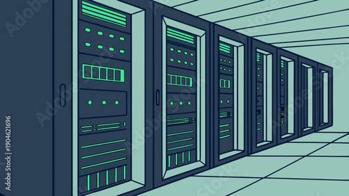 A vector graphic illustration of a server room with rows of computer servers