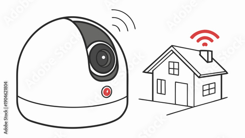 A vector graphic illustration of a wireless security camera and a house with Wi-Fi signal