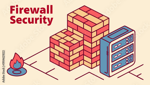A vector illustration of a firewall security system protecting a server from cyber threats, viewed from an isometric perspective in a digital environment